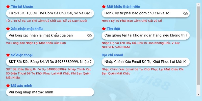 Bảng thông tin đăng ký Hi88 dành cho thành viên mới